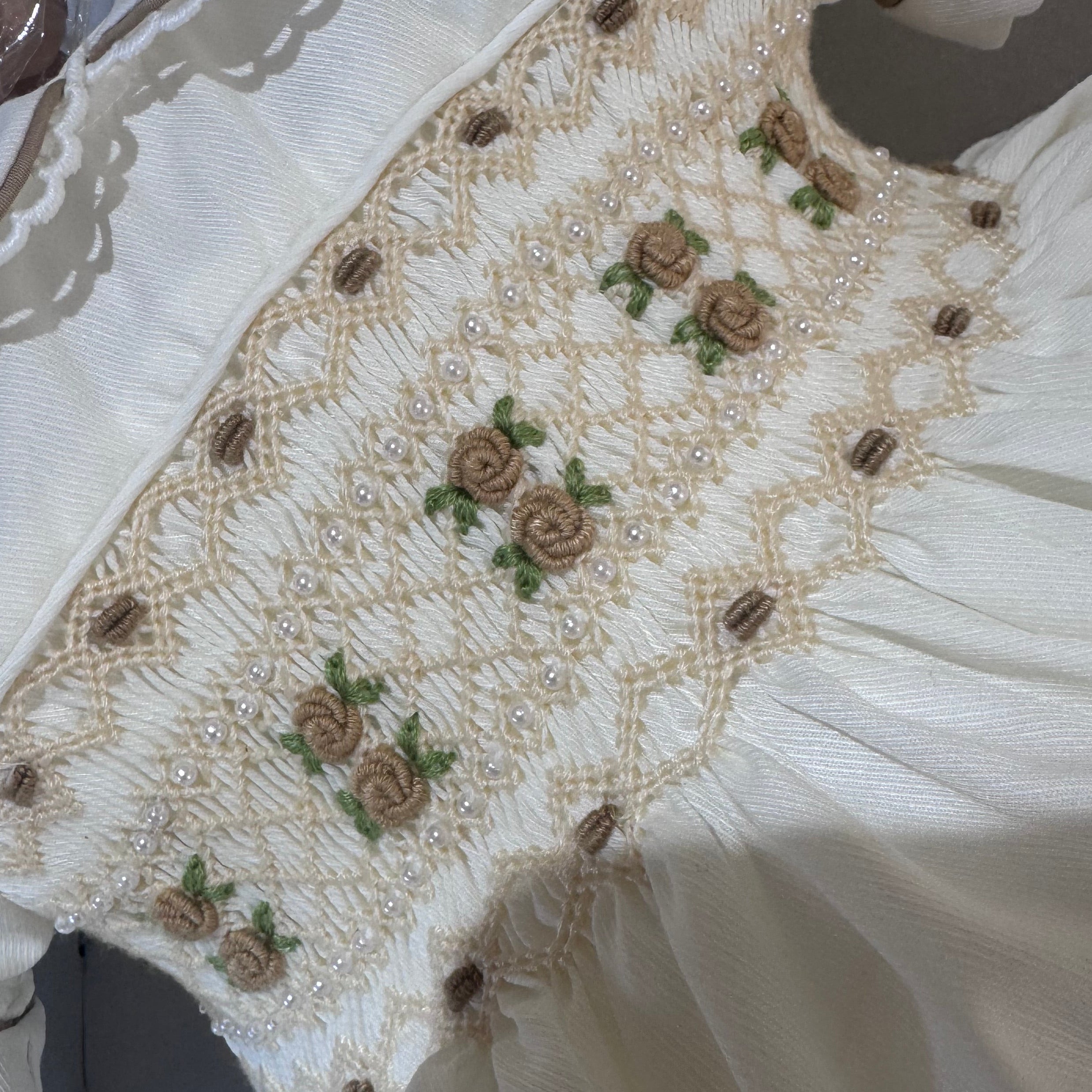 Cream With Pearls Smocked Dress