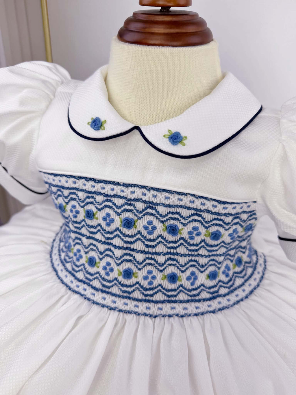 White With Dark Blue Smock Dress