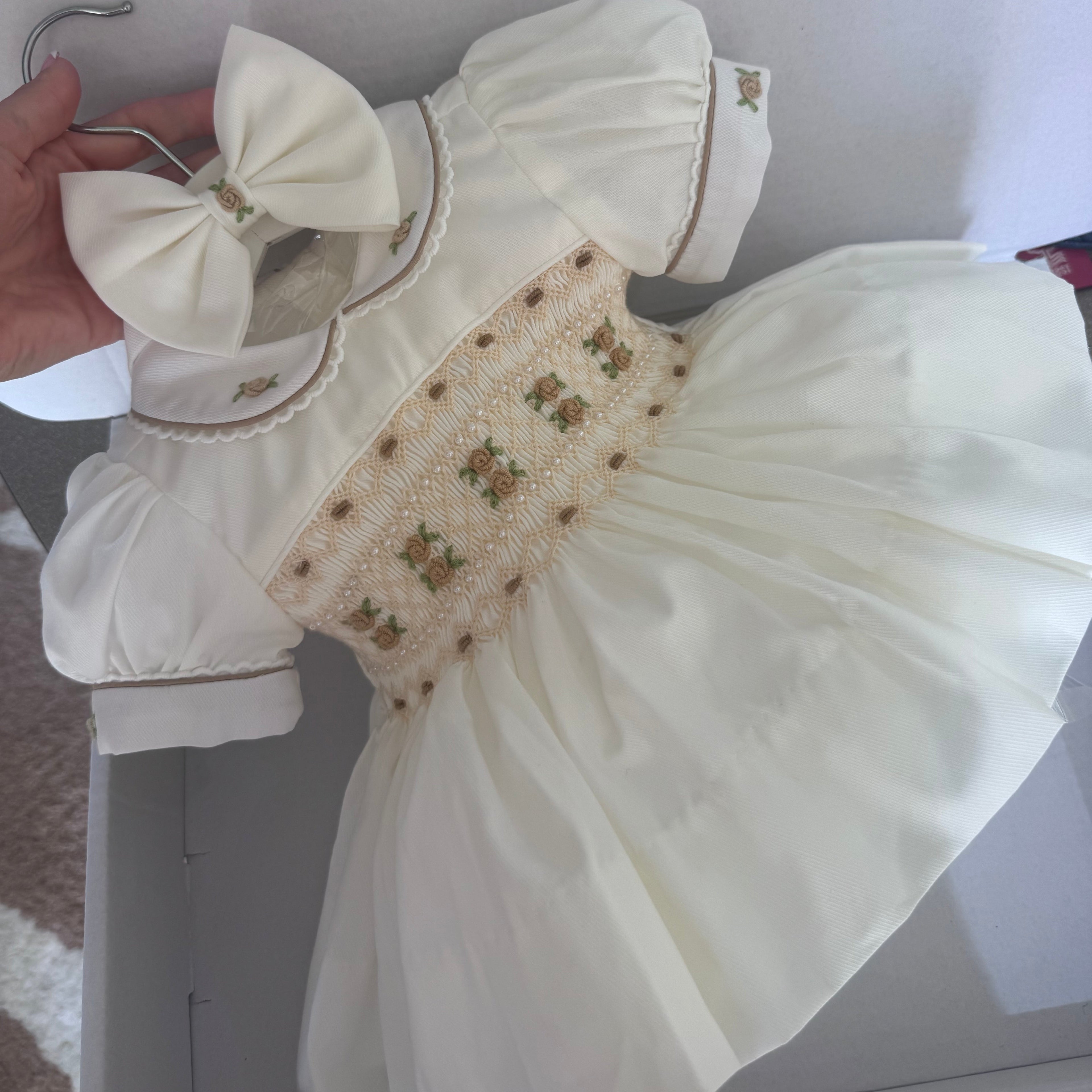Cream With Pearls Smocked Dress