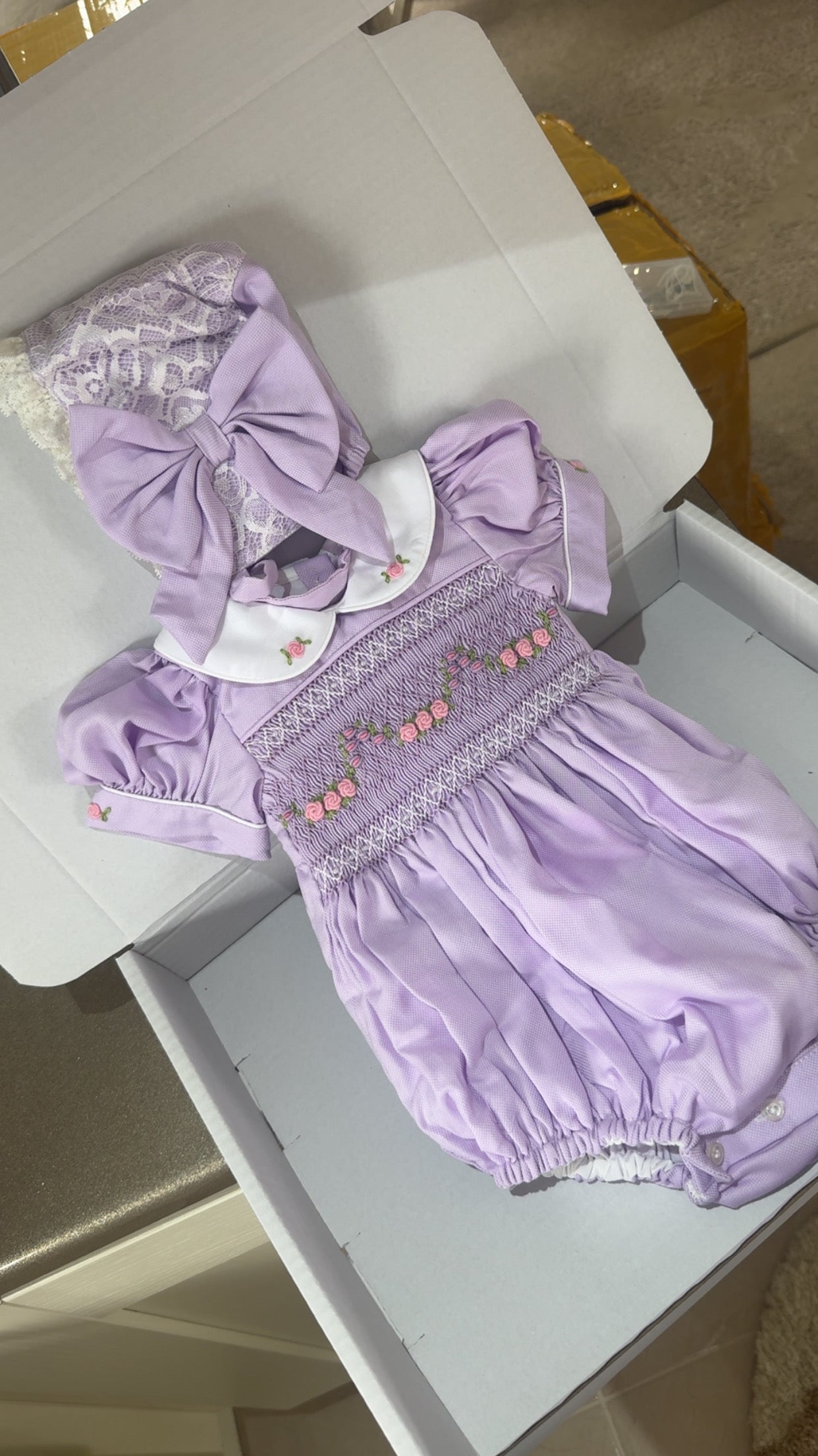Lilac Garland Romper With Bonnet