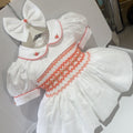 White With Orange Smocked Dress