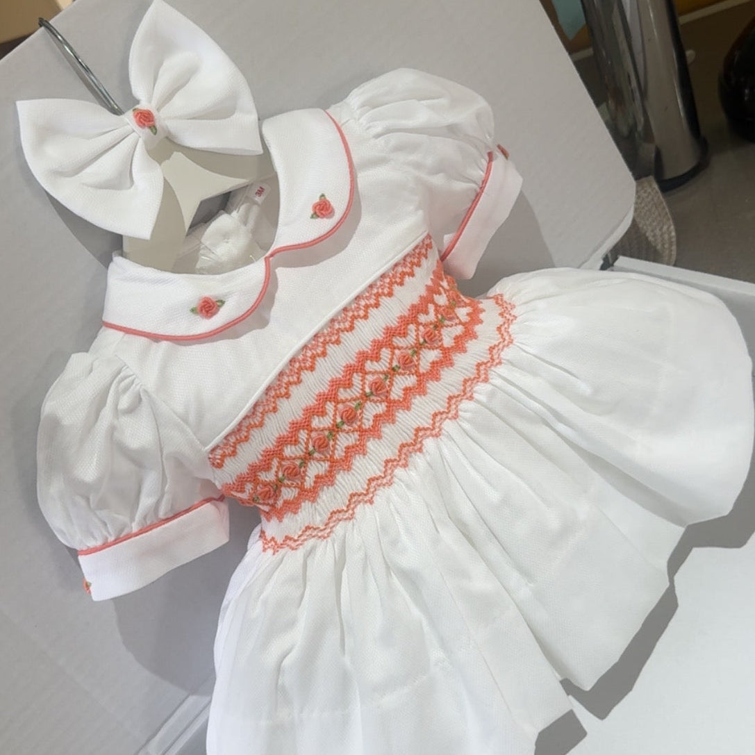 White With Orange Smocked Dress
