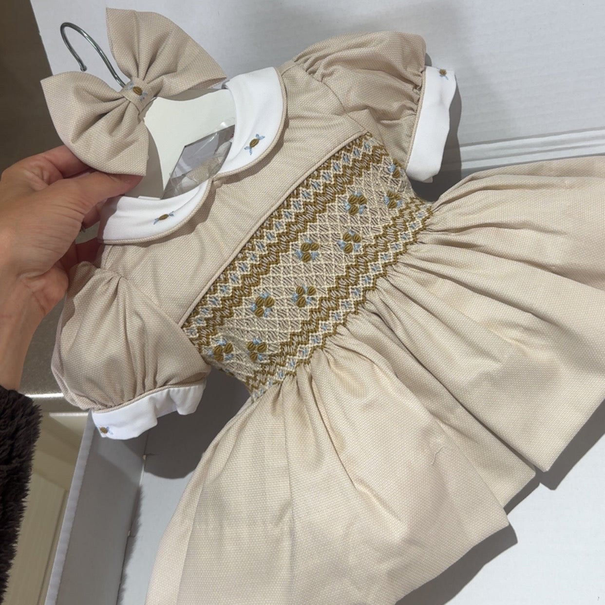 Beige With Blue Smocked Dress – Georgia Mae Embroidery And Smocks