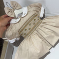 Beige With Blue Smocked Dress