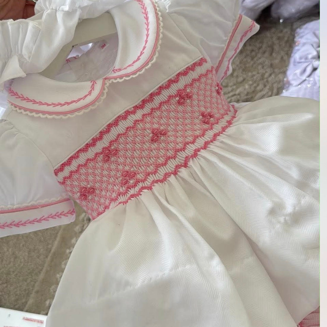 White With Pink , Pearls Smocking