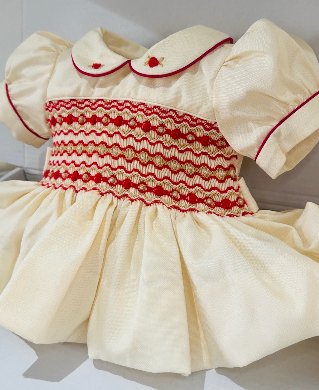 Cream,Red Pearl Smocking Dress