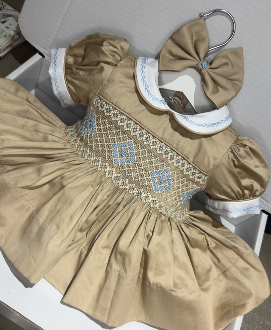 Camel With Baby Blue Smocking Dress