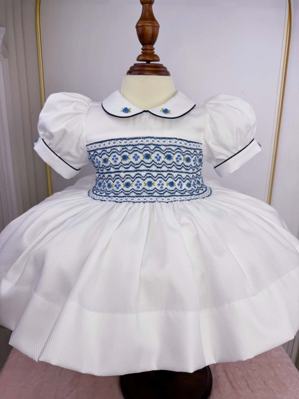 White With Dark Blue Smock Dress