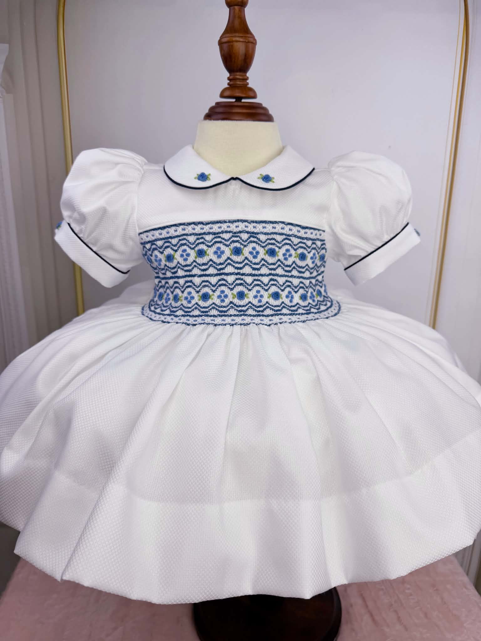 White With Dark Blue Smock Dress