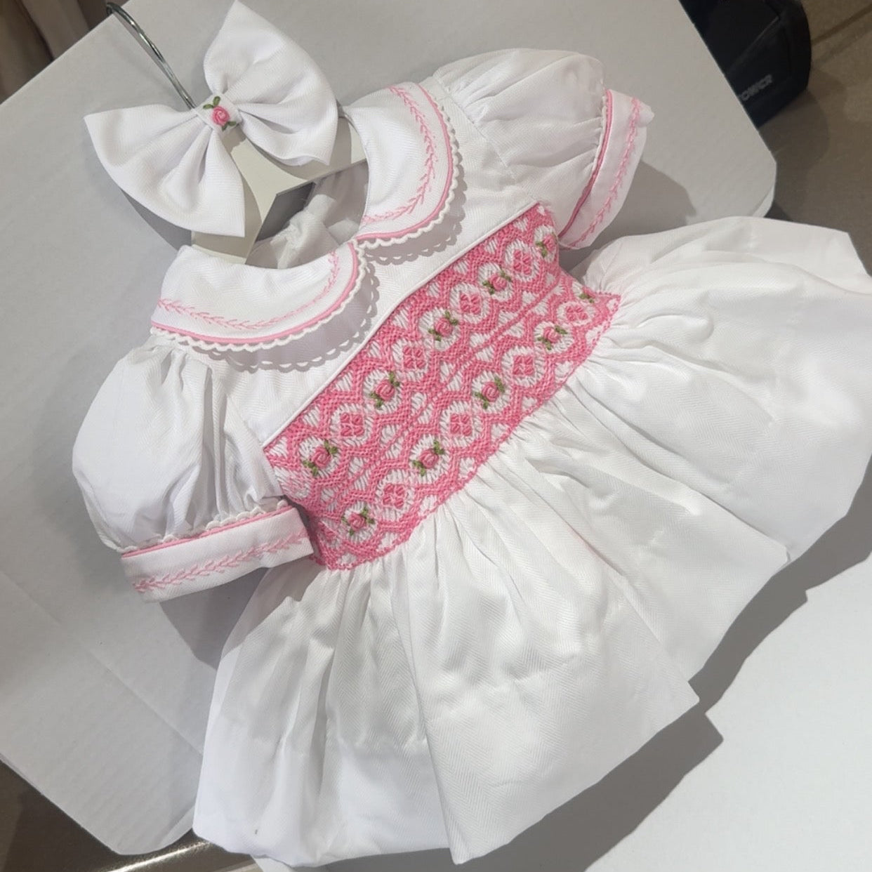 White With Pink Smocked Dress