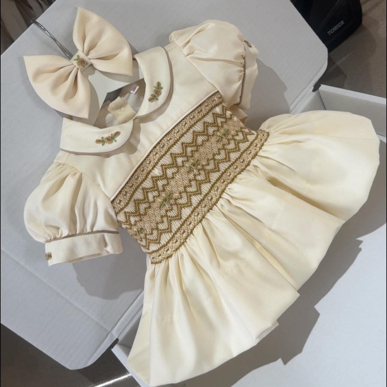 Cream With Brown Smocked Dress