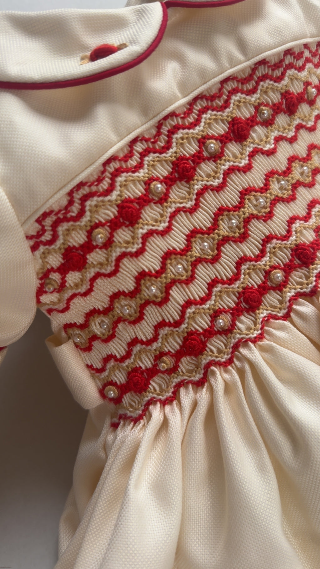 Cream,Red Pearl Smocking Dress