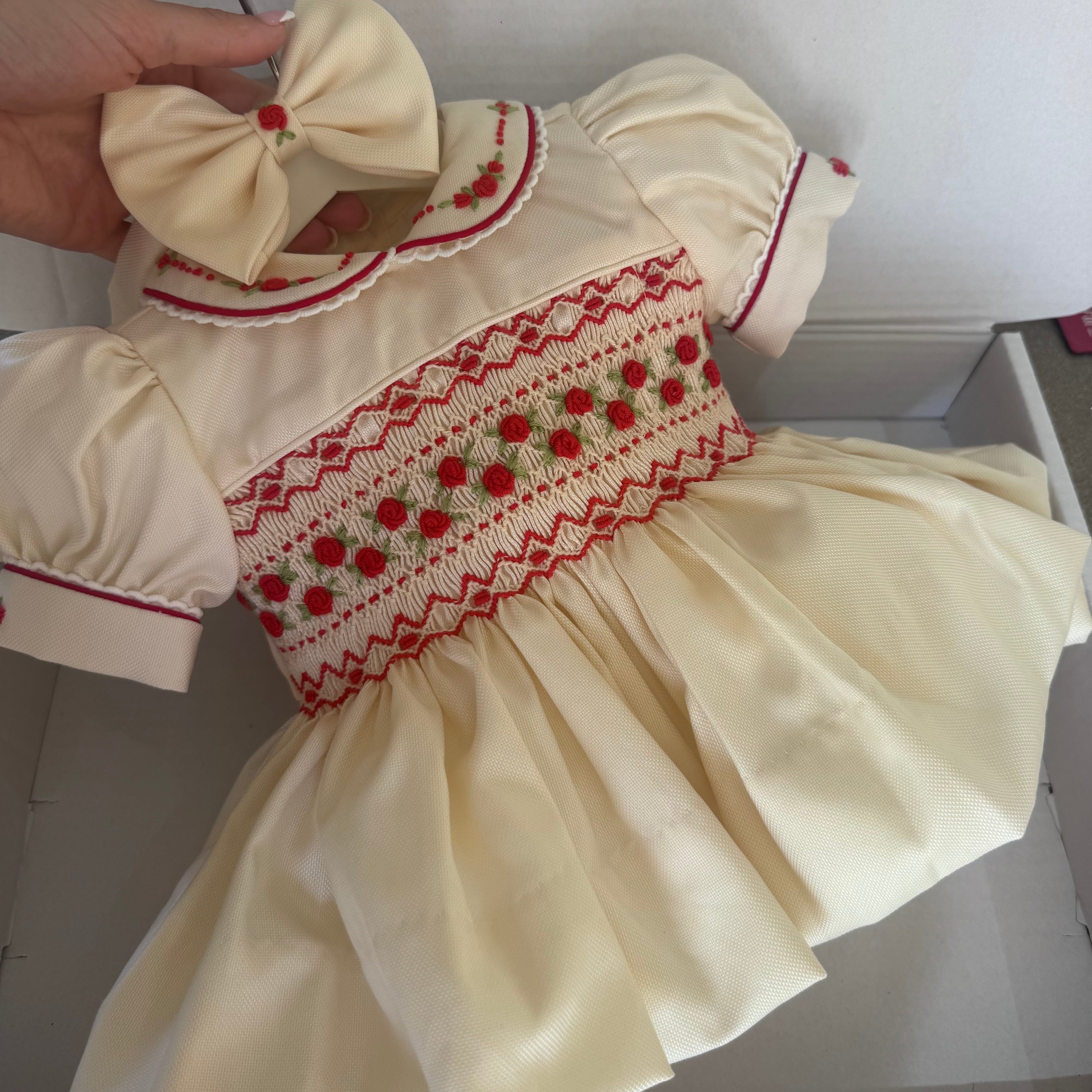 Cream With Red Smocked Dress