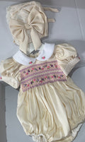 Cream With Pink And Lilac Romper With Bonnet