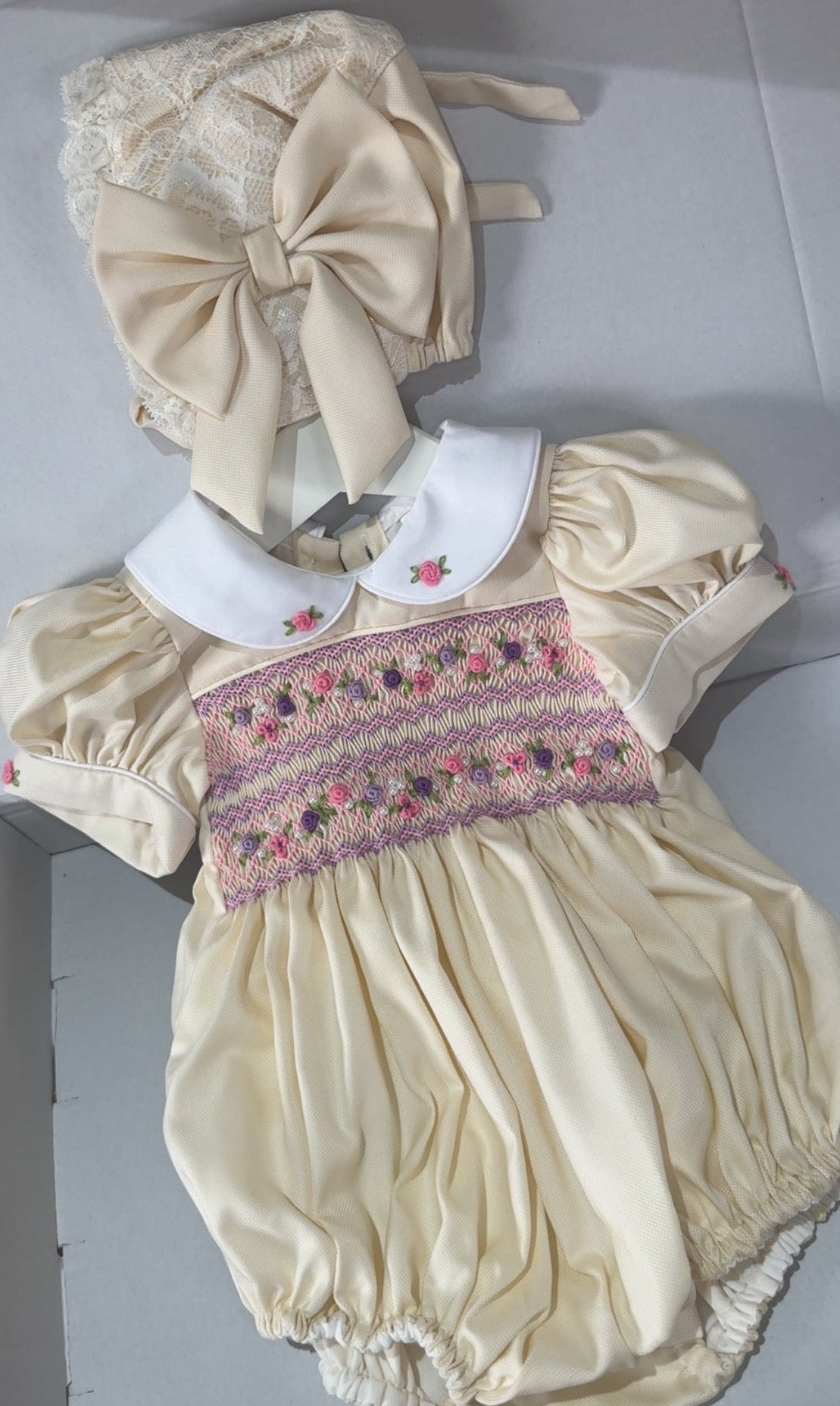 Cream With Pink And Lilac Romper With Bonnet