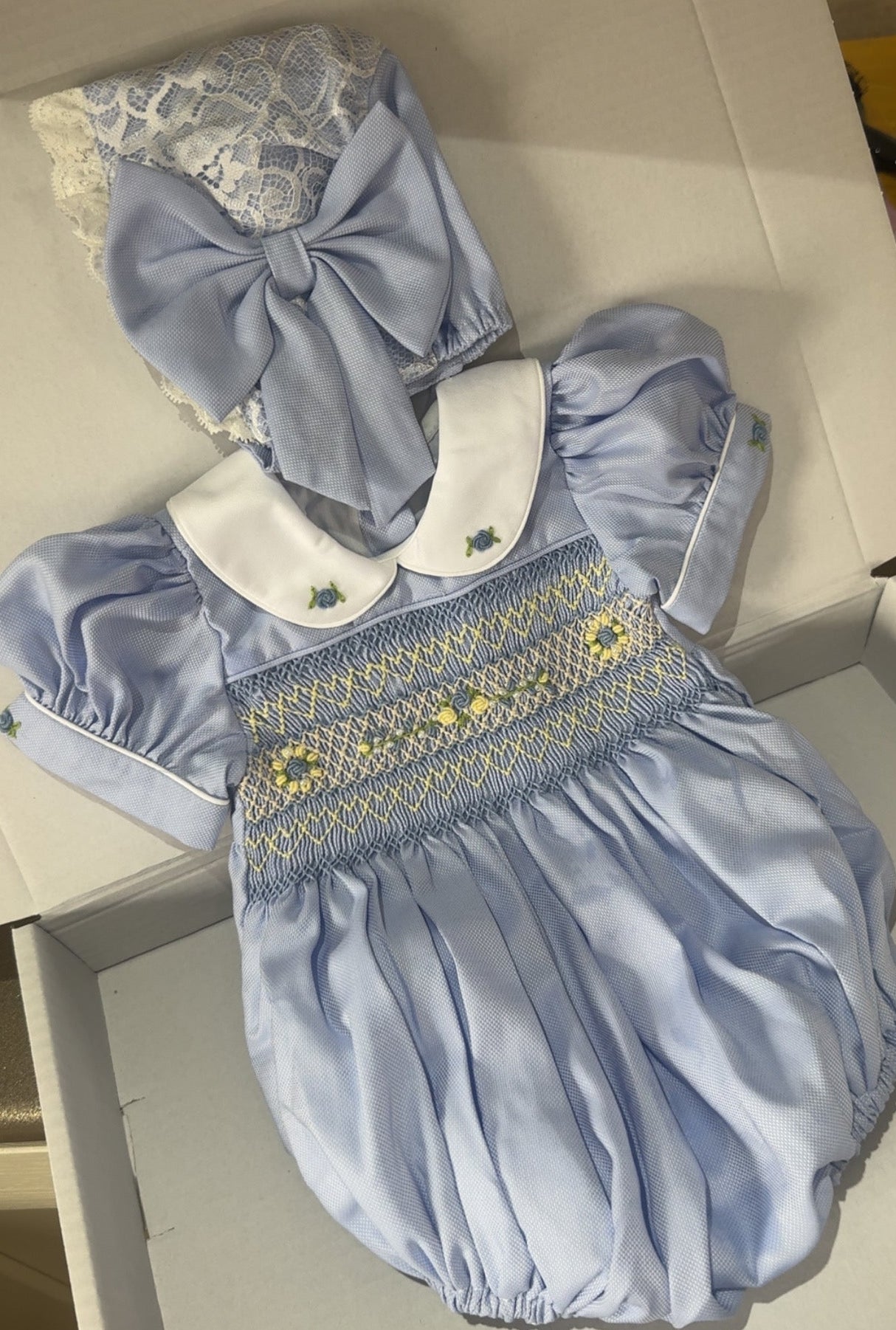 Baby Blue With Lemon Romper With Bonnet