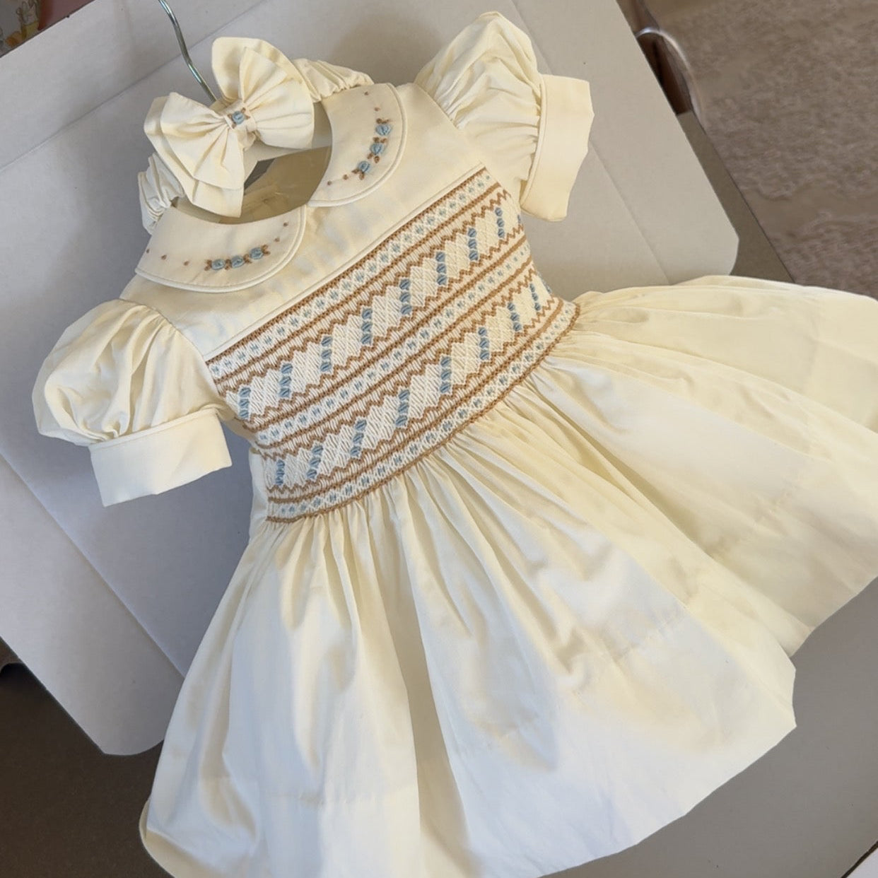 Cream With Blue Smocked Dress