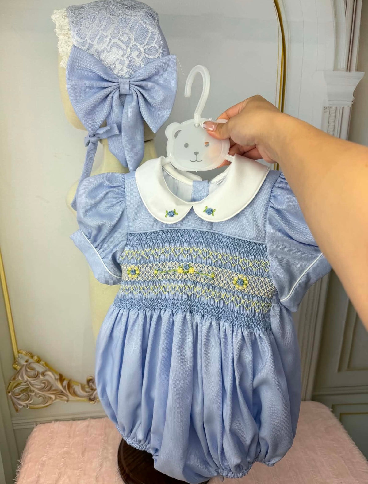 Baby Blue With Lemon Romper With Bonnet